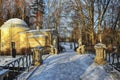 Russia, Pavlovsk - November 13, 2023: Bridge of Centaurs in Pavlovsk Park covered with snow in late autumn