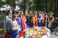 Russia, Penza-August 16, 2020. Russian holiday `Honey spas`. Children in national Russian costumes