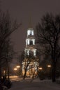 Russia. Penza. Bell tower of the Spassky Cathedral on a winter night