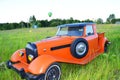 Russia, Pereslavl-Zalessky, July 20, 2023 Retro Mercedes car in the field on the background of a balloon