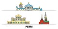 Russia, Perm flat landmarks vector illustration. Russia, Perm line city with famous travel sights, skyline, design.