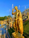 RUSSIA, PETERHOF - JANUARY 10, 2023: Golden statues of the Grand Cascade in the Lower Park