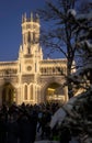 Russia, Peterhof, St.Petersburg, 07 January 2024: Magical illumination of the building of the New Peterhof railway