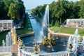 RUSSIA, PETERSBURG - AUG 19, 2022: fountain palace petersburg peterhof russia grand st landmark golden, for russian blue