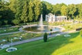 RUSSIA, PETERSBURG - AUG 19, 2022: fountain petersburg russia peterhof palace grand st cascade golden, from baroque blue