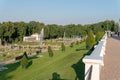 RUSSIA, PETERSBURG - AUG 19, 2022: fountain peterhof palace petersburg russia grand st landmark golden, for baroque blue