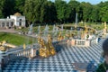 RUSSIA, PETERSBURG - AUG 19, 2022: fountain petersburg peterhof russia palace grand st cascade golden, for baroque blue Royalty Free Stock Photo