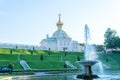 RUSSIA, PETERSBURG - AUG 19, 2022: fountain peterhof palace petersburg russia grand st cascade golden, from russian blue