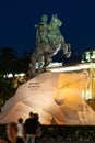 RUSSIA, PETERSBURG - AUG 18, 2022: night monument horseman peter bronze monarch petersburg landmark city, from travel