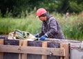 Russia Petersburg August 4, 2020: road Workers perform road and bridge repairs in the city.