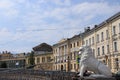 Russia, Petersburg, July 1, 2019. Lions on the Lion Bridge. In the photo Lions on the Lion`s Bridge on the Griboedov Canal