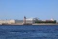 Russia, Petersburg, June 8, 2019. Spit of Vasilyevsky Island. Pictured is the Rostral Column and the Stock Exchange building on Royalty Free Stock Photo