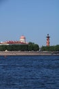 Russia, Petersburg, June 8, 2019. Spit of Vasilyevsky Island. Pictured is the Rostral Column and the Stock Exchange building on Royalty Free Stock Photo