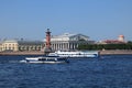 Russia, Petersburg, June 8, 2019. Spit of Vasilyevsky Island. Pictured is the Rostral Column and the Stock Exchange building on Royalty Free Stock Photo