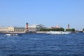 Russia, Petersburg, June 8, 2019. Spit of Vasilyevsky Island. Pictured is the Rostral Column and the Stock Exchange building on Royalty Free Stock Photo