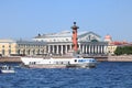 Russia, Petersburg, June 8, 2019. Spit of Vasilyevsky Island. Pictured is the Rostral Column and the Stock Exchange building on Royalty Free Stock Photo