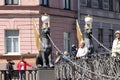 Russia, Petersburg, June 29, 2019. Winged lions on the Bank Bridge. Griffins on the banks of the bridge over the Fontanka River