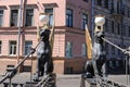 Russia, Petersburg, June 29, 2019. Winged lions on the Bank Bridge. Griffins on the Bank Bridge on the Fontanka River, according