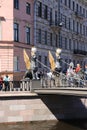 Russia, Petersburg, June 29, 2019. Winged lions on the Bank Bridge