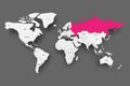 Russia pink highlighted in map of World. Light grey simplified map with dropped shadow on dark grey background. Vector