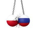 Russia and Poland political tensions concept. National flag wrecking balls smash together. 3D Rendering