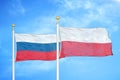 Russia and Poland two flags on flagpoles and blue cloudy sky Royalty Free Stock Photo