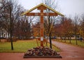 Russia, Pushkin - November 13, 2023: Wooden worship cross at the Cathedral of Catherine the Great Martyr