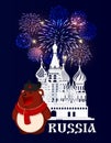 Russia. Moscow. Red Square. Brown bear in scarf and hat stays in front of St. Basil`s Cathedral silhouette. Royalty Free Stock Photo