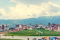 Russia. Rosa Khutor. Krasnaya Polyana. Sochi. 28 July 2018. Streets, cafes and houses of the Russian resort Rosa Khutor