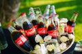 Coca Cola in a glass bottle in a toe with ice cubes with frozen flowers.