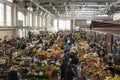 RUSSIA, ROSTOV-ON-DON - October 17, 2020: perspective view of big and crowded farmer`s market with huge assortment of fruits and