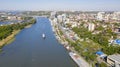 Russia, Rostov-on-Don, Panoramic view of the coastal part of the city, aerial view, the river Don