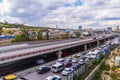 Russia, Rostov on Don, September 26, 2018: City road surface floor with viaduct bridge. Royalty Free Stock Photo