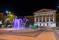 Russia, Rostov on Don, September 22, 2018: Square with colorful music fountain and mechanical watch in front of in front of the do