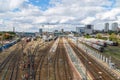 Russia, Rostov on Don, September 26, 2018: Trains on railway tracks at city train station.