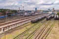 Russia, Rostov on Don, September 26, 2018: Trains on railway tracks at city train station.