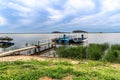 Russia, Rostov, July 2020. Anchorage for pleasure boats at a wooden pier on Lake Nero.