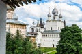 Russia, Rostov, July 2020. The courtyard and churches of the Kremlin from the viewing gallery.