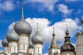 Russia, Rostov, July 2020. Domes and gabled roofs of towers in the Kremlin.