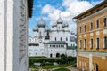 Russia, Rostov, July 2020. View of the Assumption Cathedral between two buildings.