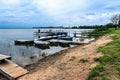 Russia, Rostov Veliky, July 2020. View of the pier for boats on Lake Nero.