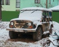 RUSSIA, ROZHDESTVENO - NOVEMBER 10, 2022: Russian jeep in camouflage color