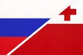 Russia vs Kingdom of Tonga, symbol of two national flags. Relationship between Asian and Oceanian countries
