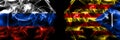 Russia, Russian vs Catalonia, Catalan, Catalonian, Spain flags. Smoke flag placed side by side isolated on black background