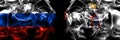 Russia, Russian vs Russia, Russian, Mari El flags. Smoke flag placed side by side isolated on black background