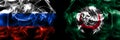 Russia, Russian vs OIC, Organisation of Islamic Cooperation flags. Smoke flag placed side by side isolated on black background