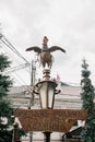 08.21.2021, Russia, Ryazan. A sculpture of a rooster near the candy museum with the inscription: Ryazan is the birthplace of sugar
