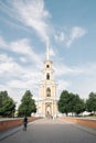 08.21.2021, Russia, Ryazan. View of the Cathedral Bell Tower from the Glebovsky Bridge