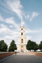 08.21.2021, Russia, Ryazan. View of the Cathedral Bell Tower from the Glebovsky Bridge