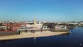 Russia, Saint-Petersburg, aerial view of Peter and Paul Fortress, sunny weather, clouds, cityscape, and blue water of Royalty Free Stock Photo